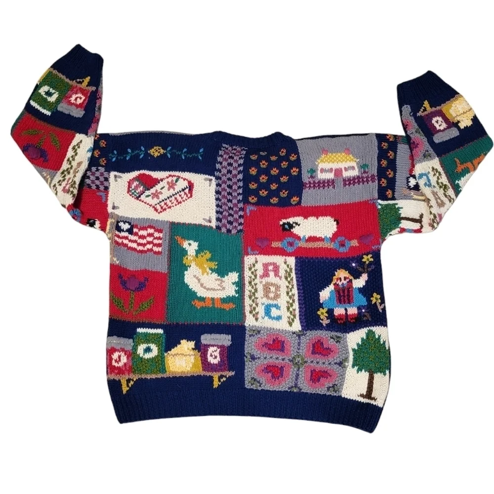Vintage Northern Isles Hand Knit Granny Nursery Rhyme Patchwork Sweater SZ Large - Picture 3 of 11